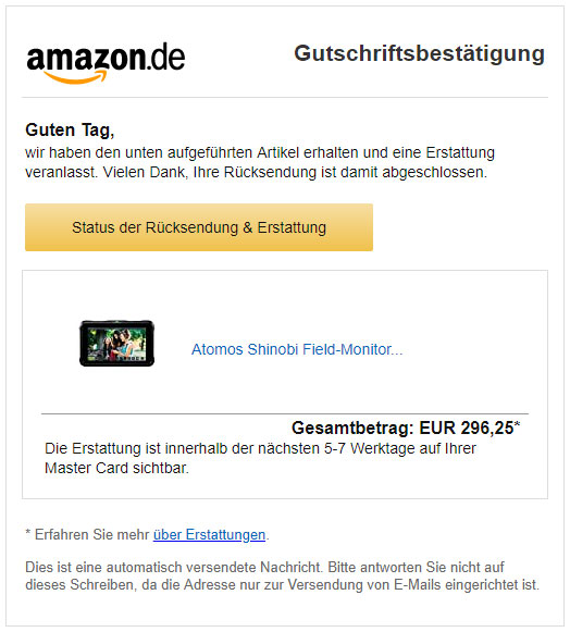 Amazon Gutschriftsbestätigung der Erstattung von Atomos Shinobi